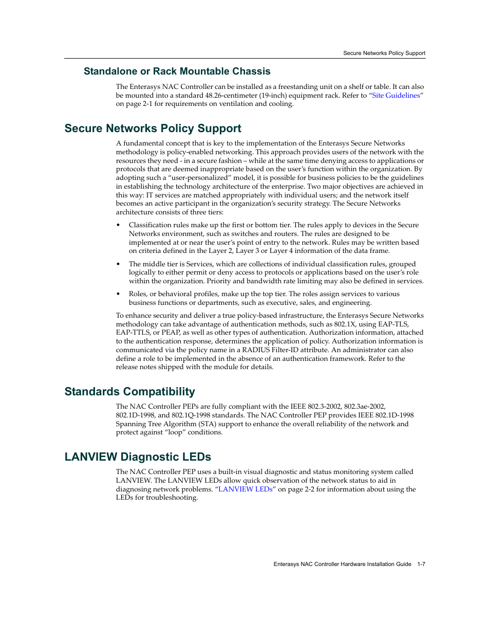 Standalone or rack mountable chassis, Secure networks policy support, Standards compatibility | Lanview diagnostic leds, Standalone or rack mountable chassis -7 | Enterasys Networks 7S4280-19-SYS User Manual | Page 27 / 108