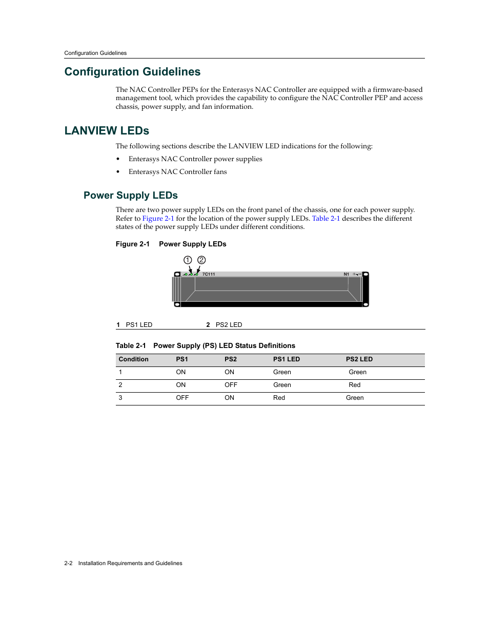 Configuration guidelines, Lanview leds, Power supply leds | Configuration guidelines -2 lanview leds, Power supply leds -2, Power supply (ps) led status definitions -2 | Enterasys Networks 7S4280-19-SYS User Manual | Page 30 / 108