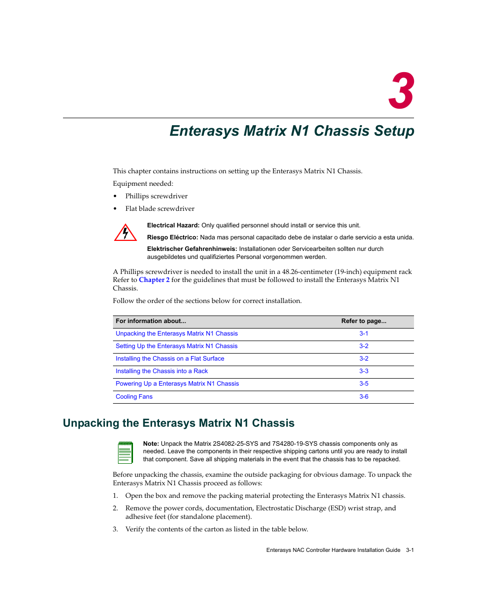 Enterasys matrix n1 chassis setup, Unpacking the enterasys matrix n1 chassis, Chapter 3: enterasys matrix n1 chassis setup | Unpacking the enterasys matrix n1 chassis -1, Enterasys matrix n1 chassis, Setup | Enterasys Networks 7S4280-19-SYS User Manual | Page 35 / 108