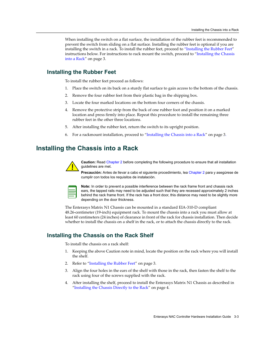 Installing the rubber feet, Installing the chassis into a rack, Installing the chassis on the rack shelf | Installing the rubber feet -3, Installing the chassis into a rack -3, Installing the chassis on the rack shelf -3, Installing the rubber, Feet | Enterasys Networks 7S4280-19-SYS User Manual | Page 37 / 108