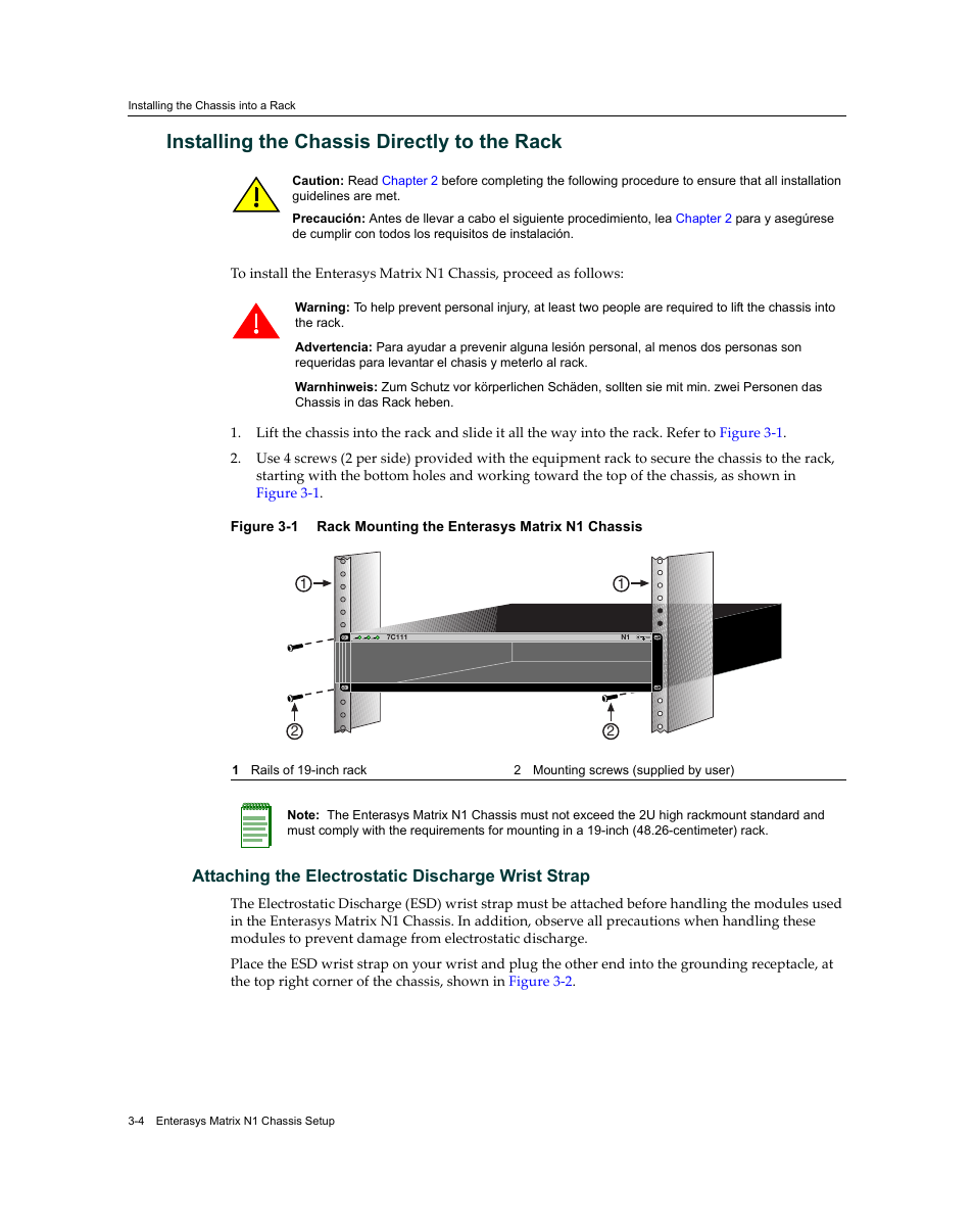 Installing the chassis directly to the rack, Attaching the electrostatic discharge wrist strap, Installing the chassis directly to the rack -4 | Rack mounting the enterasys matrix n1 chassis -4, Attaching the electrostatic, Discharge wrist strap | Enterasys Networks 7S4280-19-SYS User Manual | Page 38 / 108