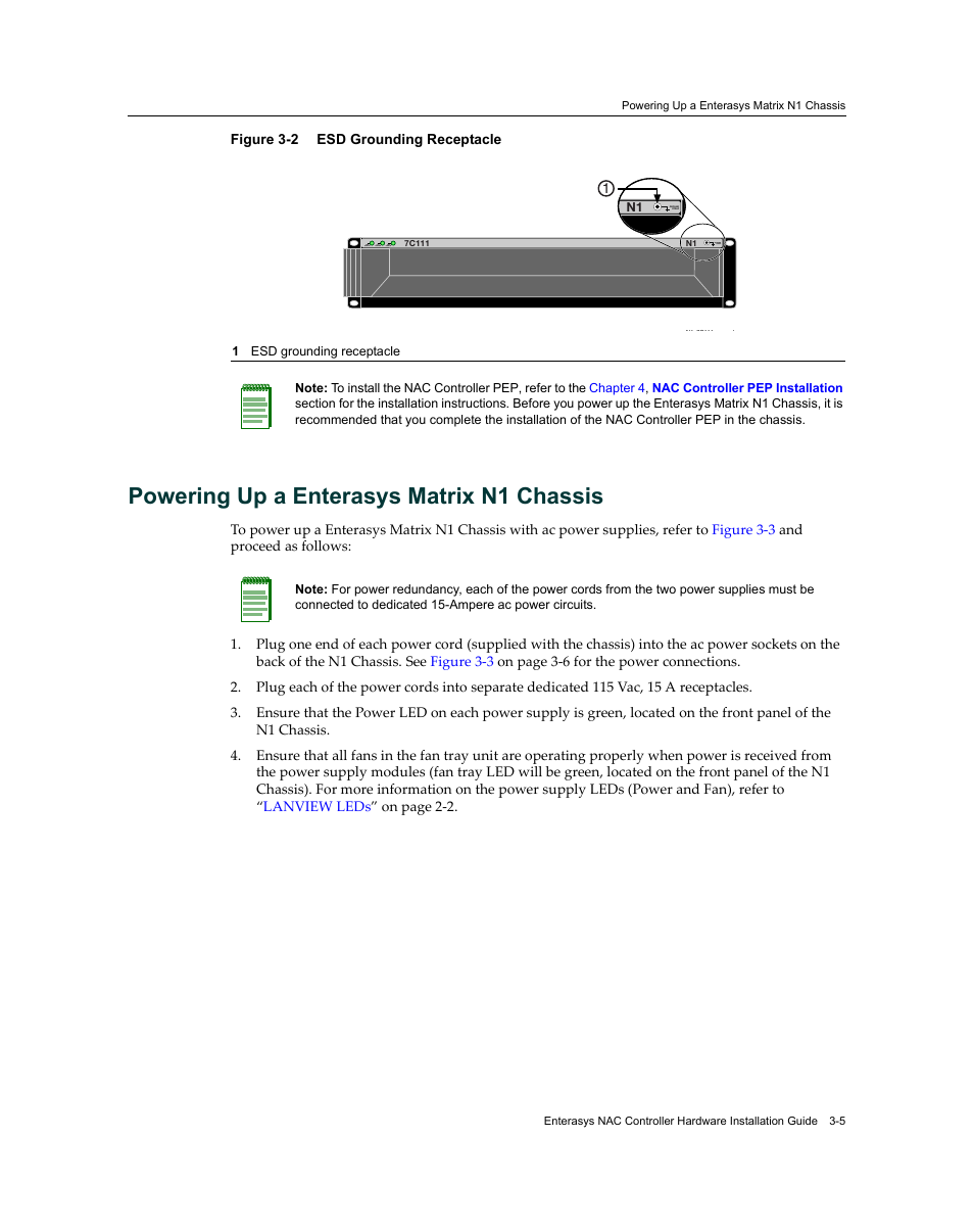 Powering up a enterasys matrix n1 chassis, Powering up a enterasys matrix n1 chassis -5, Esd grounding receptacle -5 | Figure 3‐2 | Enterasys Networks 7S4280-19-SYS User Manual | Page 39 / 108