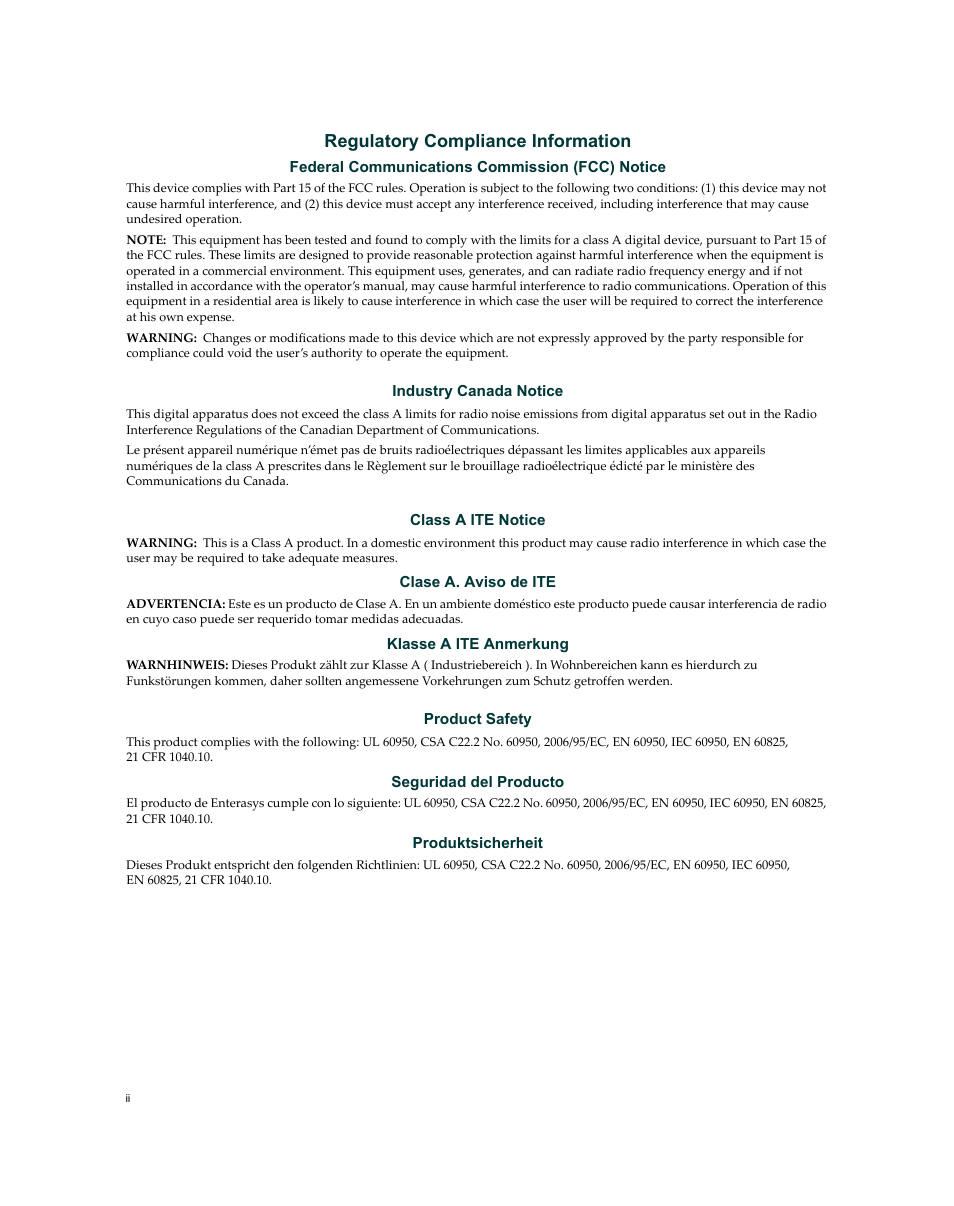 Regulatory compliance information | Enterasys Networks 7S4280-19-SYS User Manual | Page 4 / 108