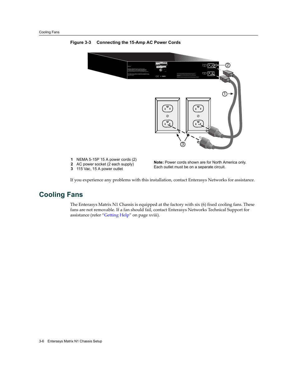 Cooling fans, Cooling fans -6, Connecting the 15-amp ac power cords -6 | Figure 3‐3 | Enterasys Networks 7S4280-19-SYS User Manual | Page 40 / 108