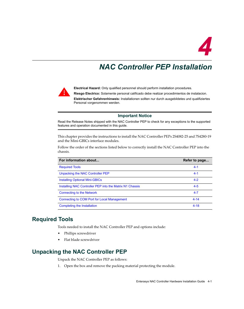 Nac controller pep installation, Required tools, Unpacking the nac controller pep | Chapter 4: nac controller pep installation, Nac controller pep, Installation, Refer to the, Chapter 4 | Enterasys Networks 7S4280-19-SYS User Manual | Page 41 / 108