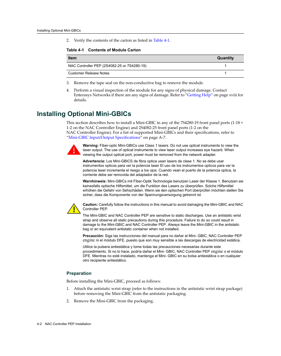 Installing optional mini-gbics, Installing optional mini-gbics -2, Contents of module carton -2 | Enterasys Networks 7S4280-19-SYS User Manual | Page 42 / 108