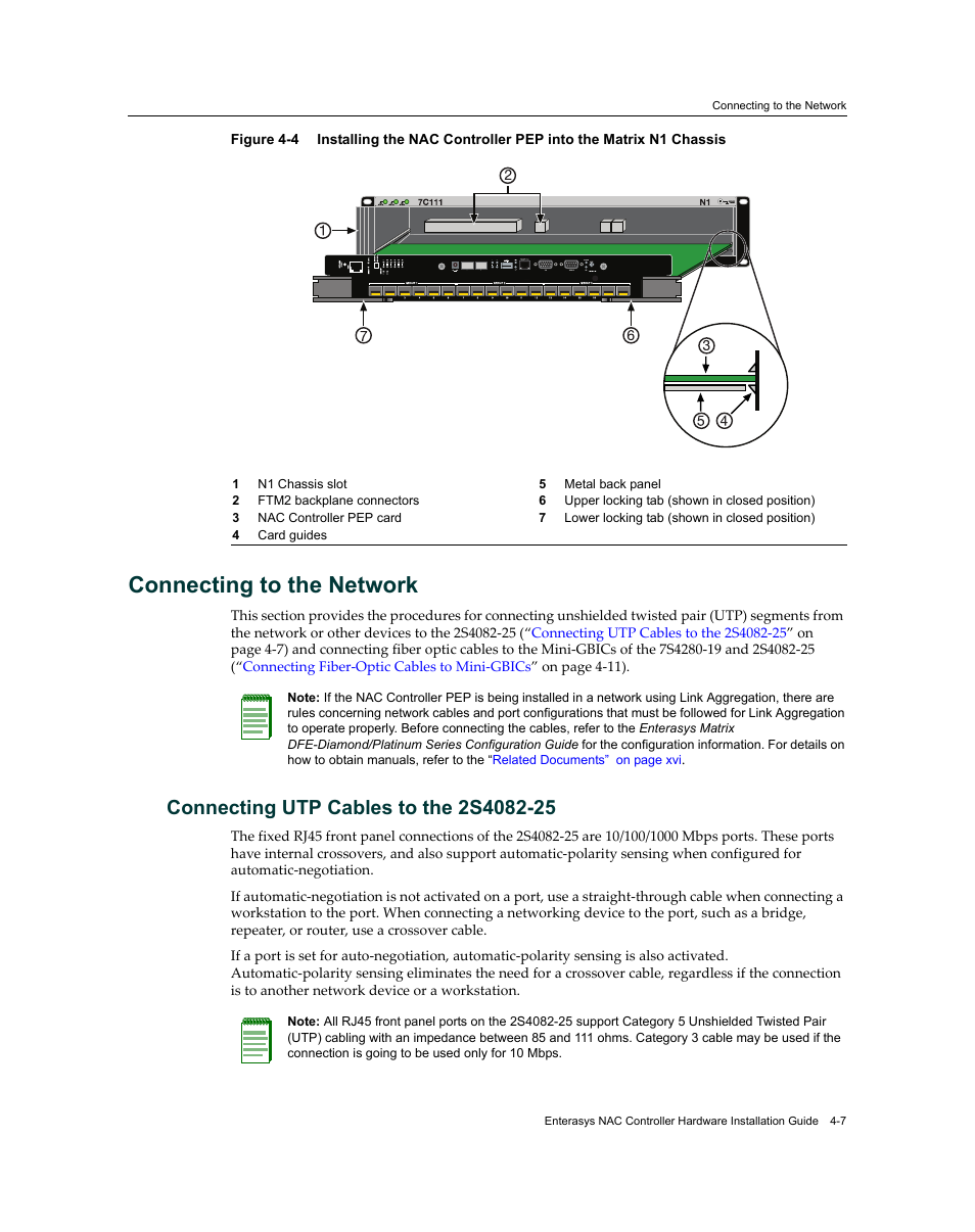 Connecting to the network, Connecting utp cables to the 2s4082-25, Connecting to the network -7 | Connecting utp cables to the 2s4082-25 -7, Figure 4‐4, Chassis. refer to, Figure 4-4 | Enterasys Networks 7S4280-19-SYS User Manual | Page 47 / 108