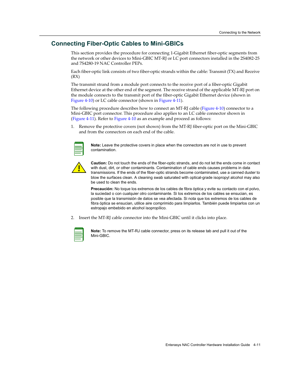 Connecting fiber-optic cables to mini-gbics, Connecting fiber-optic cables to mini-gbics -11, Connecting fiber‐optic cables to mini‐gbics | Enterasys Networks 7S4280-19-SYS User Manual | Page 51 / 108