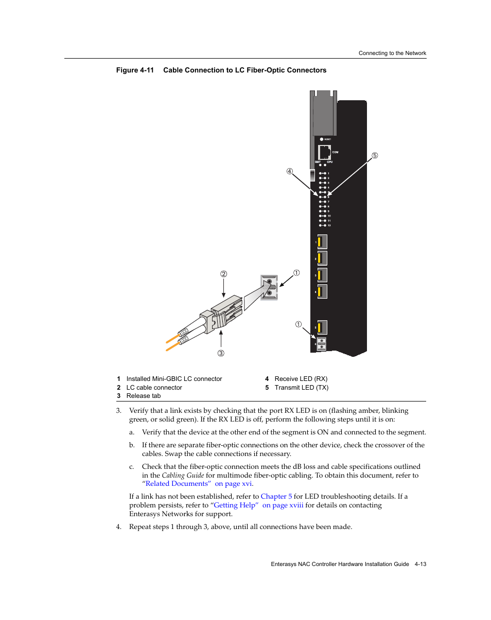 Cable connection to lc fiber-optic connectors -13, Figure 4‐11 | Enterasys Networks 7S4280-19-SYS User Manual | Page 53 / 108