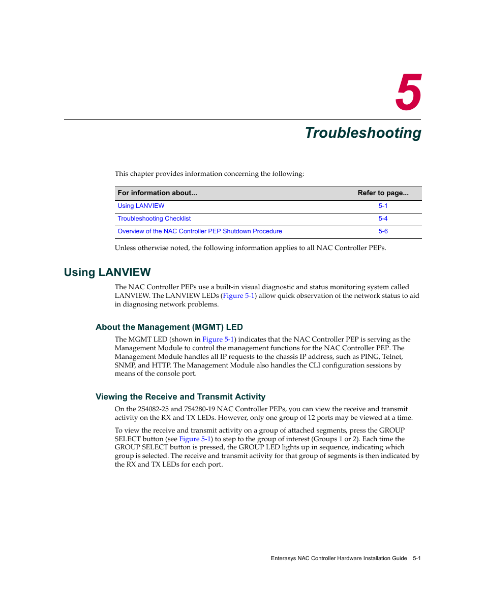 Troubleshooting, Using lanview, About the management (mgmt) led | Viewing the receive and transmit activity, Chapter 5: troubleshooting, Using lanview -1, Chapter 5 | Enterasys Networks 7S4280-19-SYS User Manual | Page 61 / 108