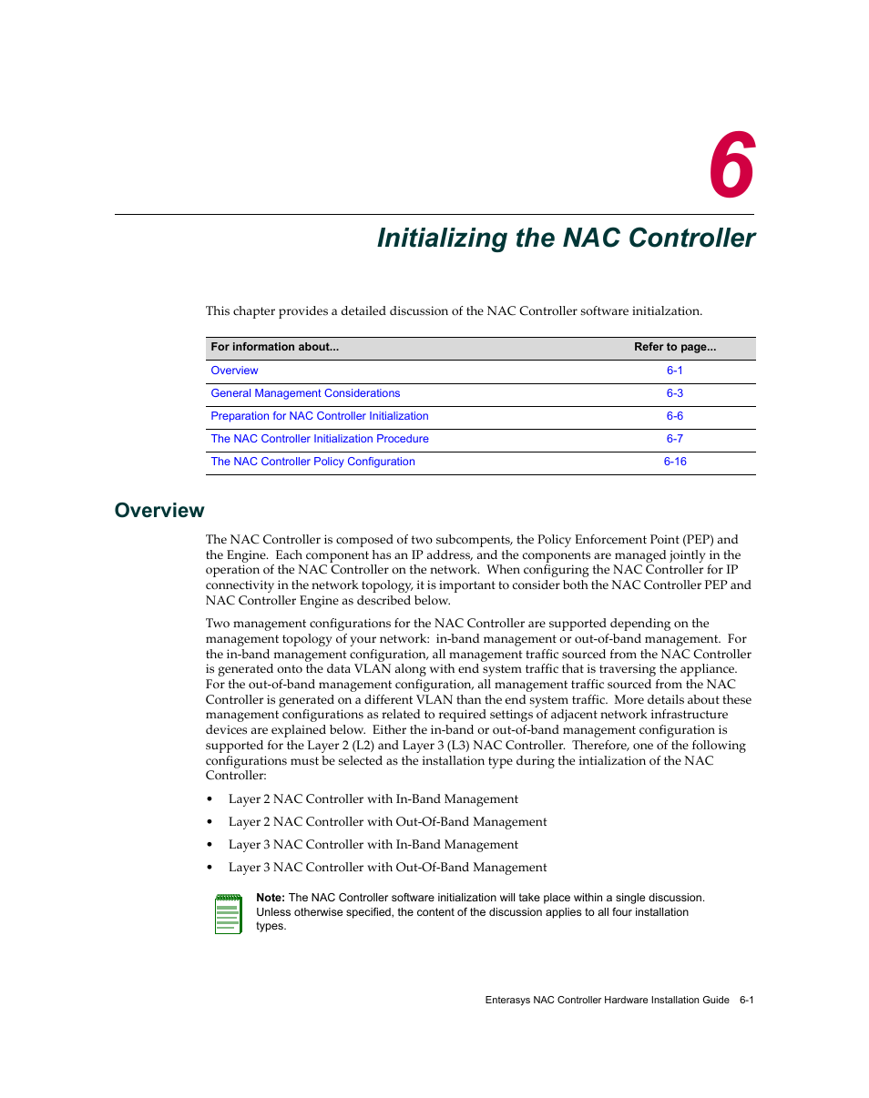 Initializing the nac controller, Overview, Chapter 6: initializing the nac controller | Overview -1 | Enterasys Networks 7S4280-19-SYS User Manual | Page 69 / 108