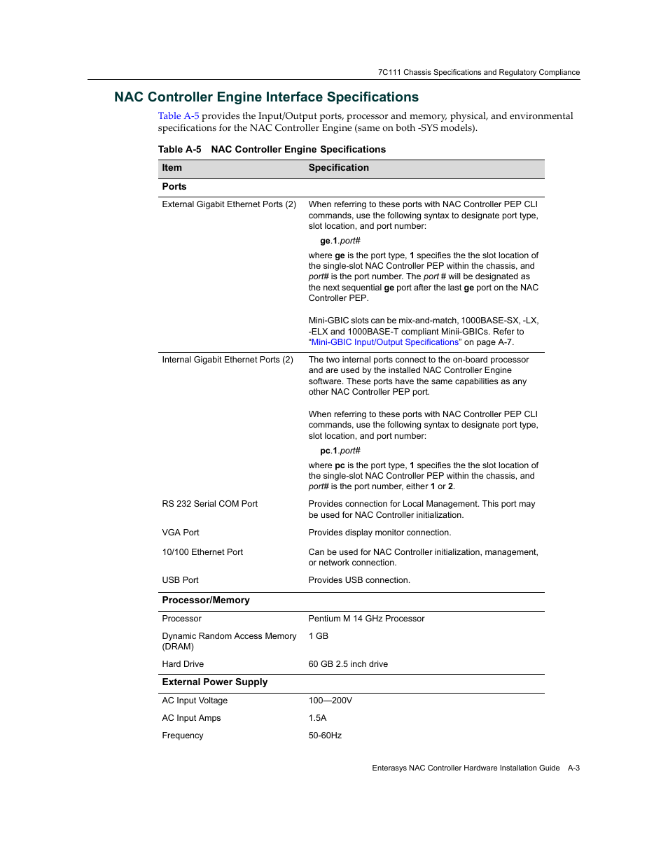 Nac controller engine interface specifications | Enterasys Networks 7S4280-19-SYS User Manual | Page 93 / 108