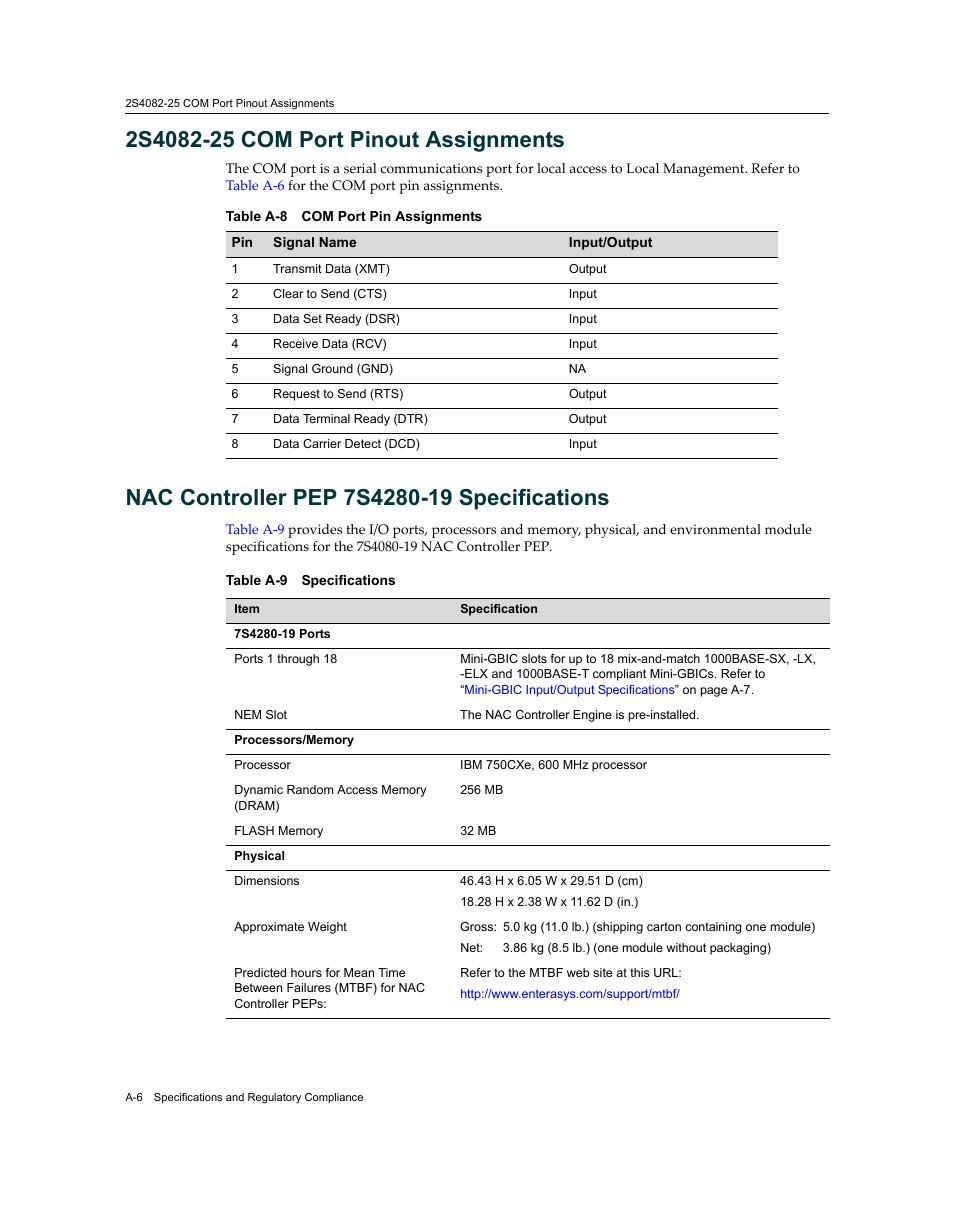 2s4082-25 com port pinout assignments, Nac controller pep 7s4280-19 specifications | Enterasys Networks 7S4280-19-SYS User Manual | Page 96 / 108