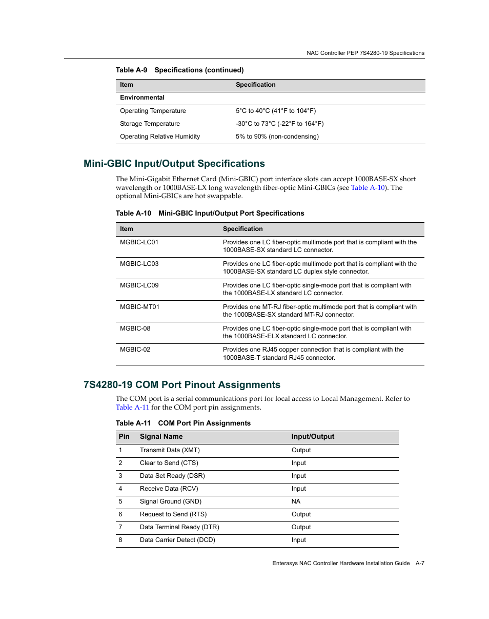 Mini-gbic input/output specifications, 7s4280-19 com port pinout assignments, A-10 | A-11, Mini‐gbic input/output specifications, 7s4280-19 com port pinout, Assignments | Enterasys Networks 7S4280-19-SYS User Manual | Page 97 / 108
