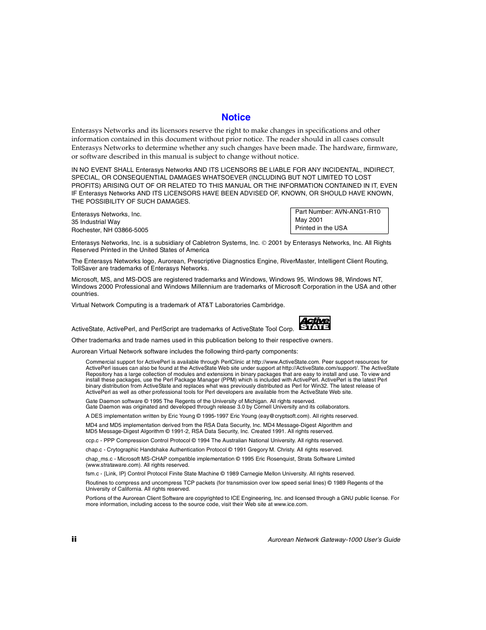 Notice | Enterasys Networks ANG-1000 User Manual | Page 2 / 70