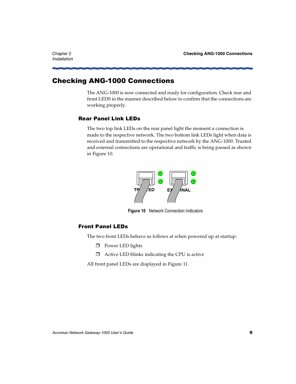 Checking ang-1000 connections, Rear panel link leds, Front panel leds | Enterasys Networks ANG-1000 User Manual | Page 21 / 70