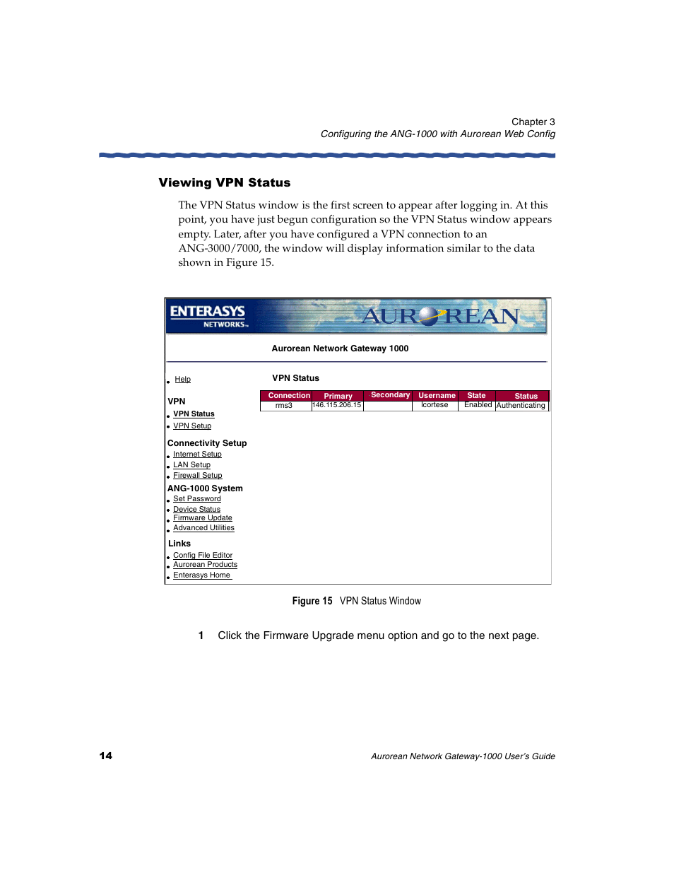 Viewing vpn status | Enterasys Networks ANG-1000 User Manual | Page 26 / 70