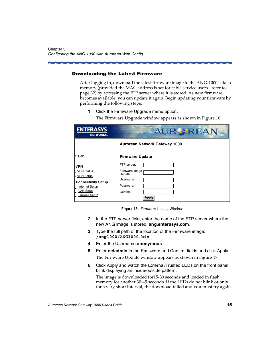 Downloading the latest firmware, 1 click the firmware upgrade menu option, 4 enter the username anonymous | Enterasys Networks ANG-1000 User Manual | Page 27 / 70