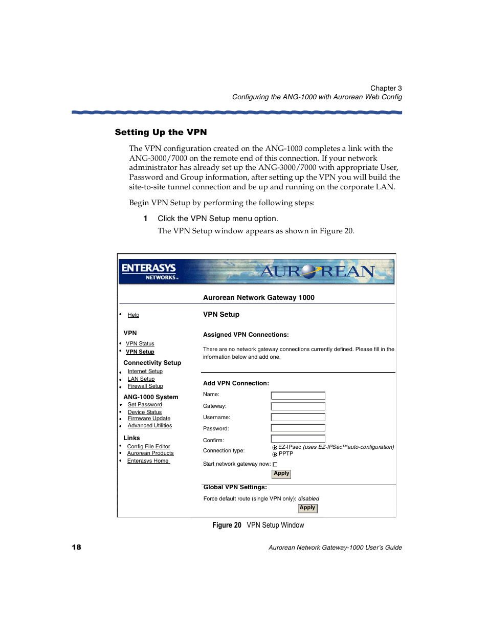 Setting up the vpn, 1 click the vpn setup menu option | Enterasys Networks ANG-1000 User Manual | Page 30 / 70