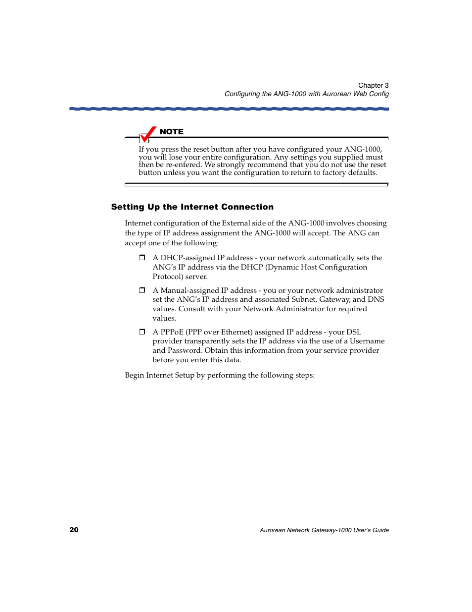 Setting up the internet connection | Enterasys Networks ANG-1000 User Manual | Page 32 / 70