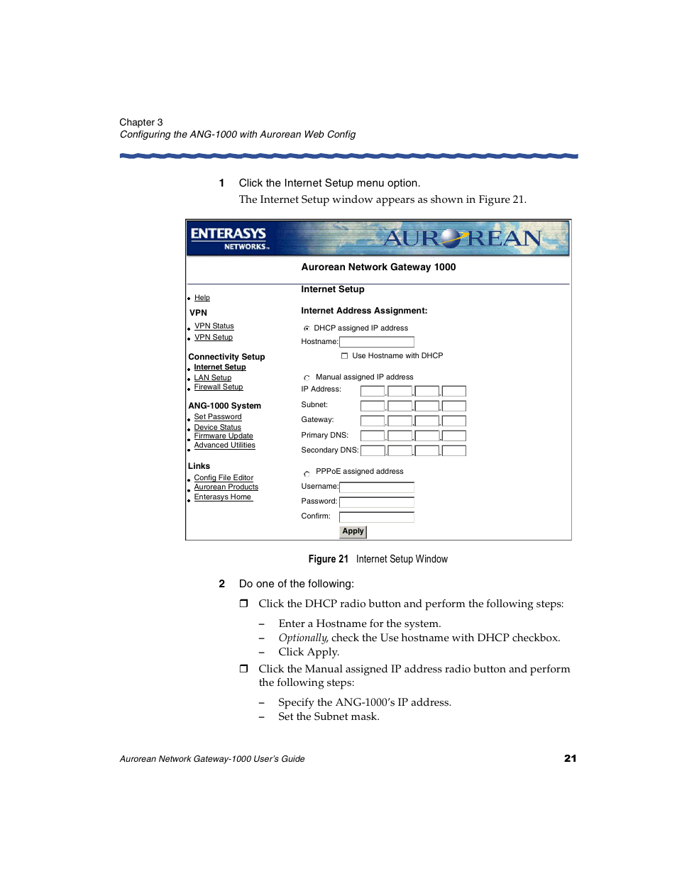 1 click the internet setup menu option, 2 do one of the following | Enterasys Networks ANG-1000 User Manual | Page 33 / 70