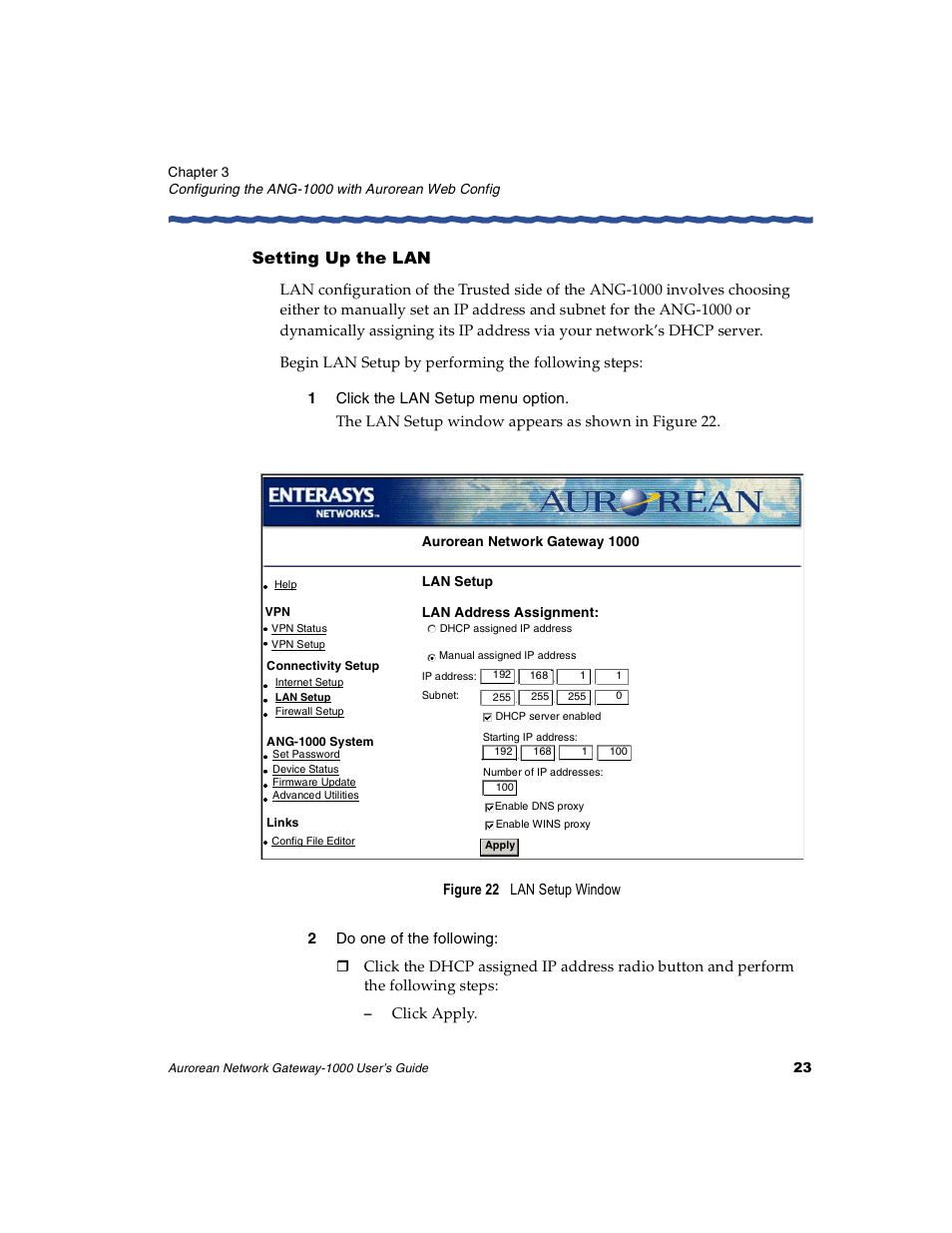 Setting up the lan, 1 click the lan setup menu option, 2 do one of the following | Enterasys Networks ANG-1000 User Manual | Page 35 / 70
