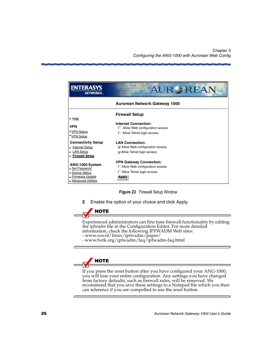 2 enable the option of your choice and click apply | Enterasys Networks ANG-1000 User Manual | Page 38 / 70