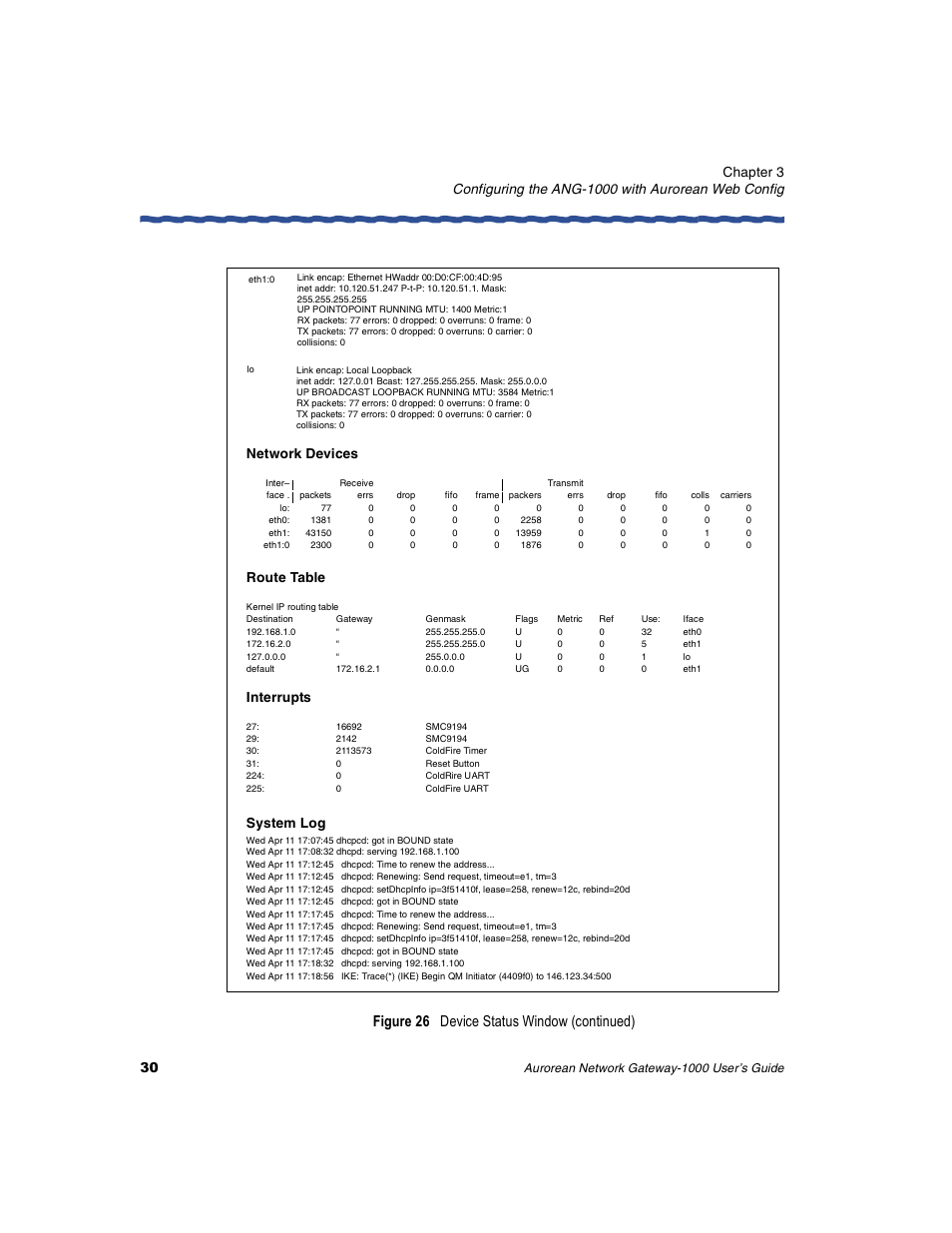 Figure 26 device status window (continued), Configuring the ang-1000 with aurorean web config, Chapter 3 | Network devices, Route table, Interrupts, System log | Enterasys Networks ANG-1000 User Manual | Page 42 / 70