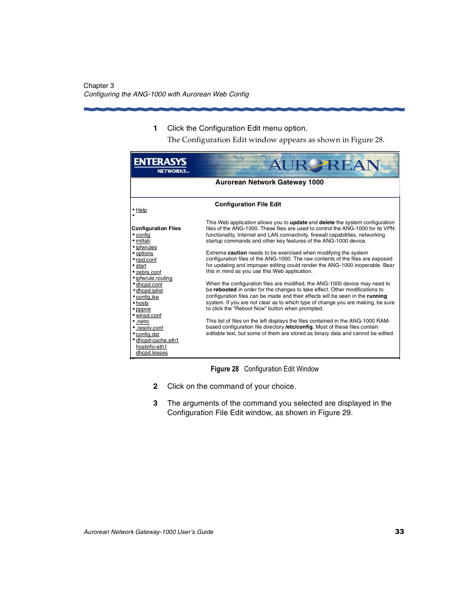 1 click the configuration edit menu option, 2 click on the command of your choice | Enterasys Networks ANG-1000 User Manual | Page 45 / 70