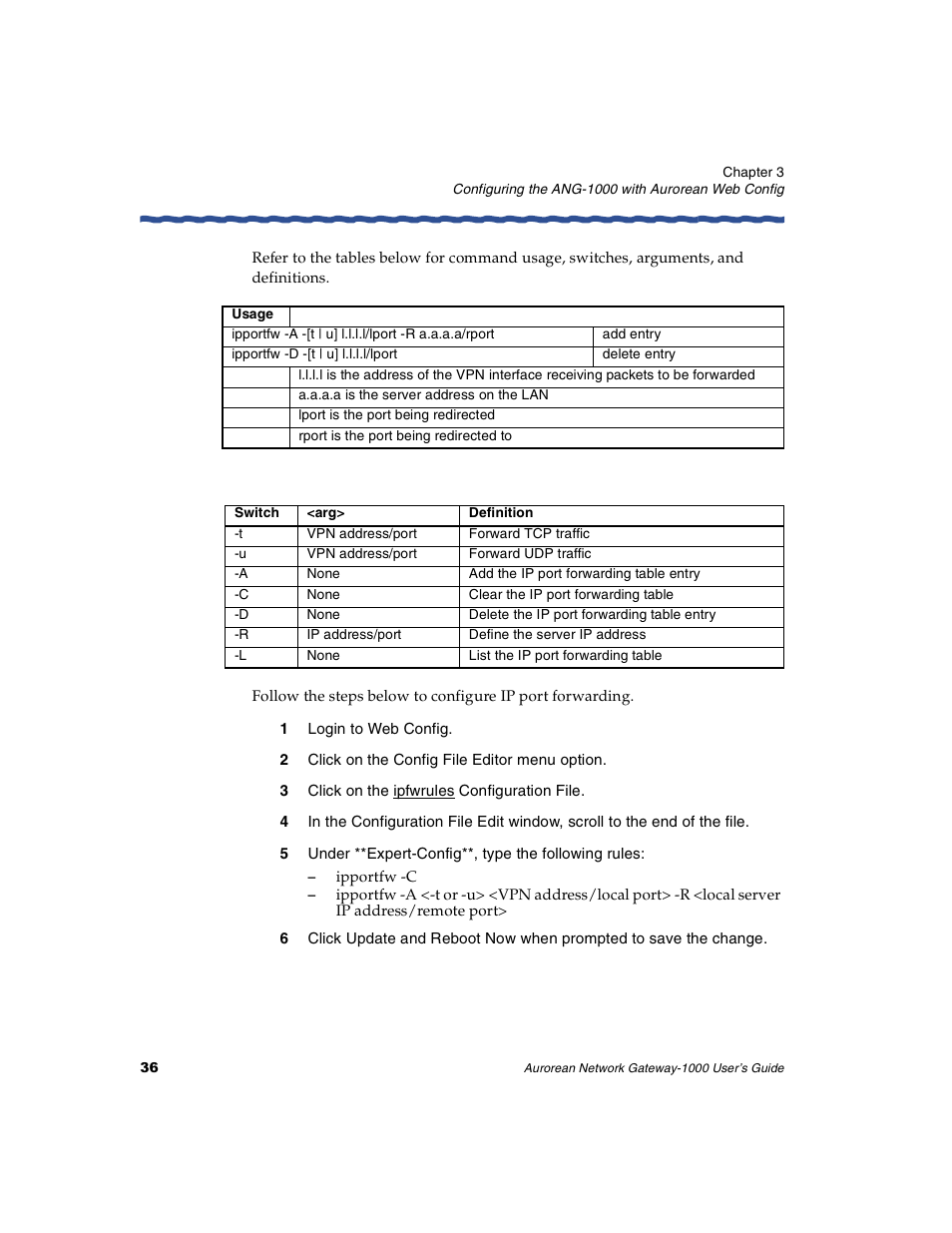 1 login to web config, 2 click on the config file editor menu option, 3 click on the ipfwrules configuration file | Enterasys Networks ANG-1000 User Manual | Page 48 / 70