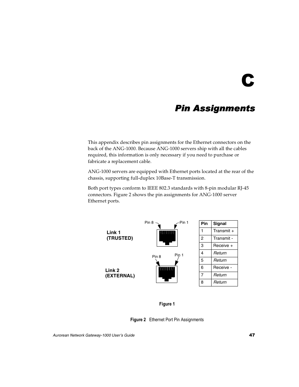 Pin assignments, Appendix c – pin assignments | Enterasys Networks ANG-1000 User Manual | Page 59 / 70