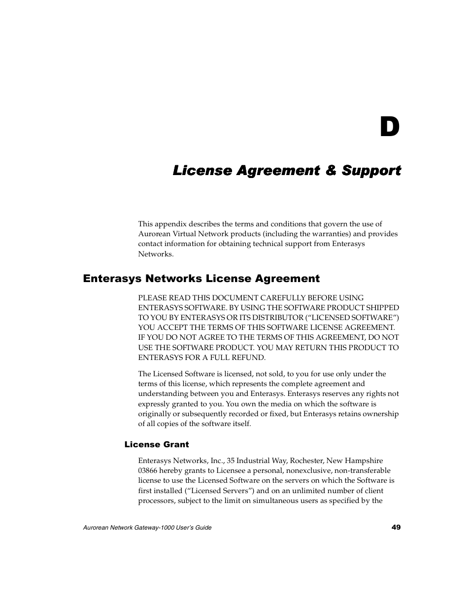 License agreement & support, Enterasys networks license agreement, License grant | Appendix d – license agreement & support | Enterasys Networks ANG-1000 User Manual | Page 61 / 70