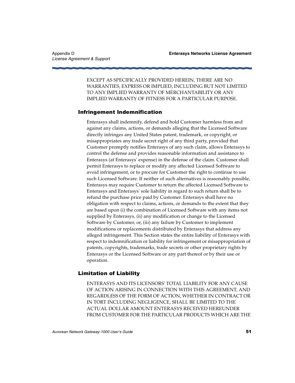 Infringement indemnification, Limitation of liability | Enterasys Networks ANG-1000 User Manual | Page 63 / 70