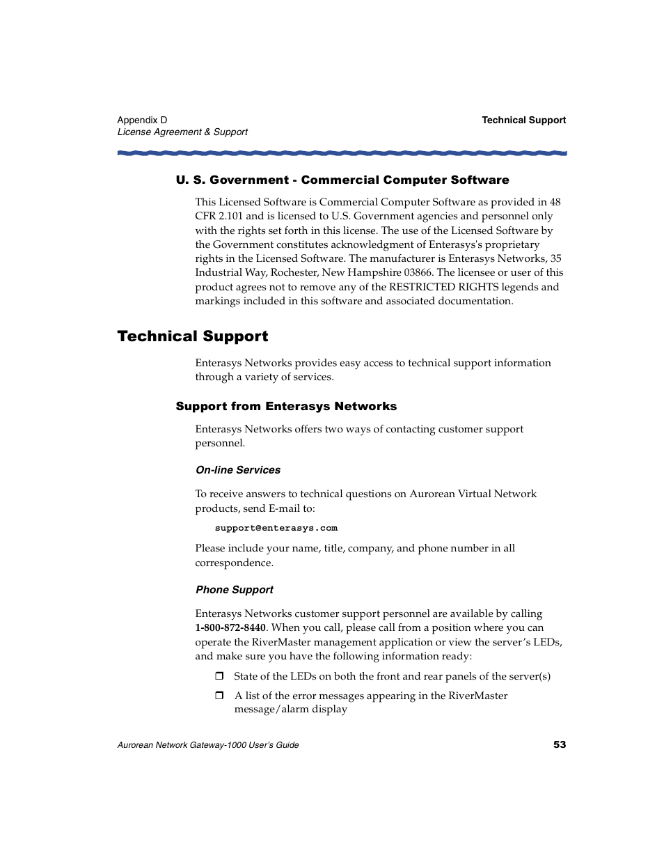 U. s. government - commercial computer software, Technical support, Support from enterasys networks | On-line services, Phone support | Enterasys Networks ANG-1000 User Manual | Page 65 / 70