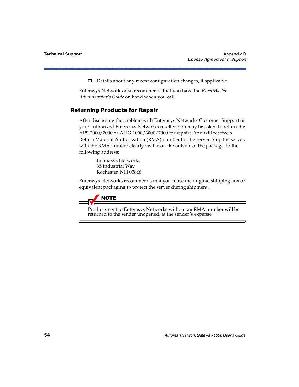 Returning products for repair | Enterasys Networks ANG-1000 User Manual | Page 66 / 70