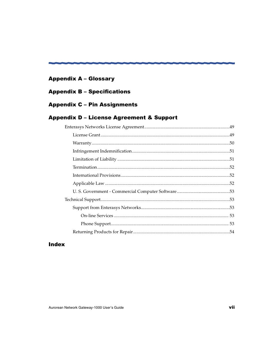 Index | Enterasys Networks ANG-1000 User Manual | Page 7 / 70