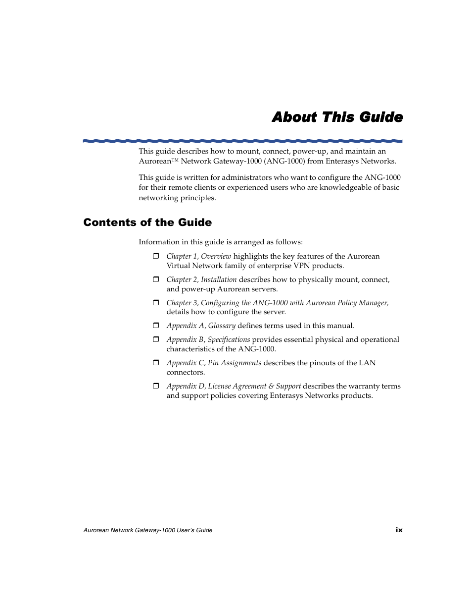 About this guide, Contents of the guide | Enterasys Networks ANG-1000 User Manual | Page 9 / 70