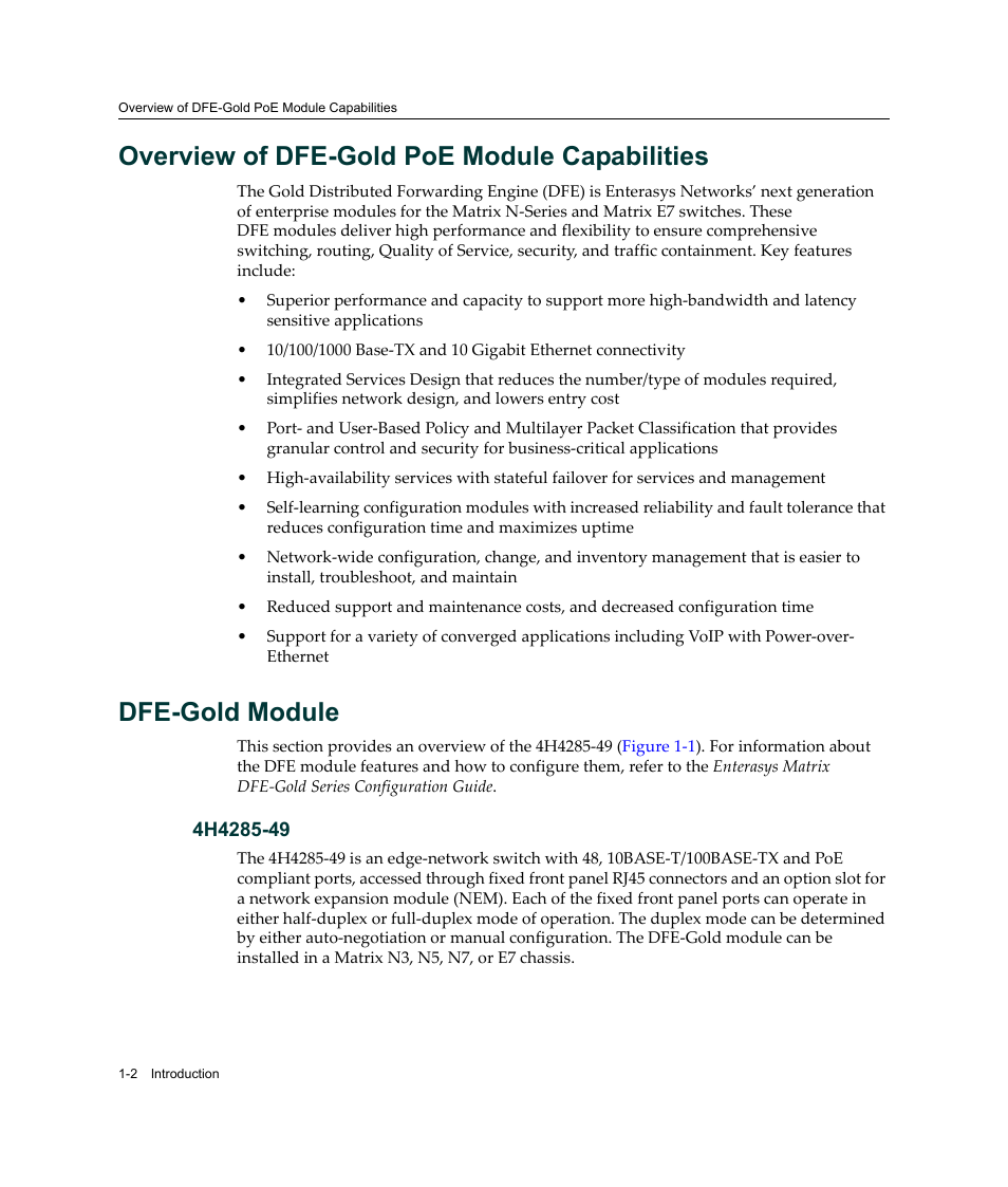 Overview of dfe-gold poe module capabilities, Dfe-gold module | Enterasys Networks Enterasys Gold Distributed Forwarding Engine 4H4285-49 User Manual | Page 22 / 90