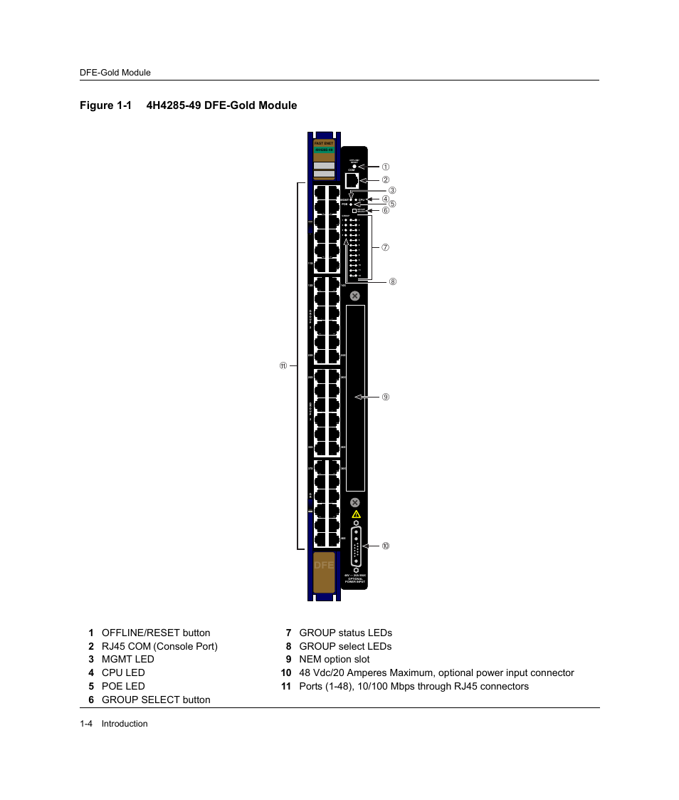 4h4285-49 dfe-gold module -4, Dfe-gold module 1-4 introduction | Enterasys Networks Enterasys Gold Distributed Forwarding Engine 4H4285-49 User Manual | Page 24 / 90