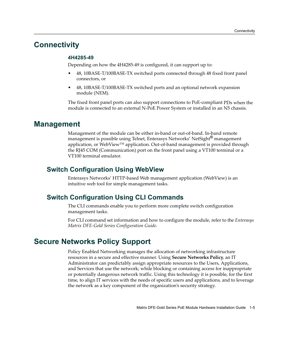 Connectivity, Management, Switch configuration using webview | Switch configuration using cli commands, Secure networks policy support, Connectivity -5 management -5, Secure networks policy support -5 | Enterasys Networks Enterasys Gold Distributed Forwarding Engine 4H4285-49 User Manual | Page 25 / 90