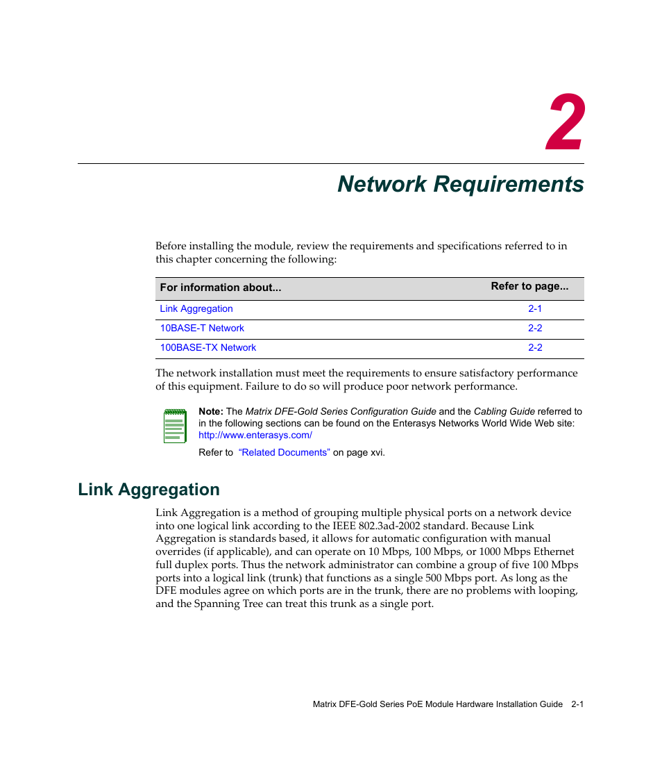 Network requirements, Link aggregation, Chapter 2: network requirements | Link aggregation -1 | Enterasys Networks Enterasys Gold Distributed Forwarding Engine 4H4285-49 User Manual | Page 27 / 90