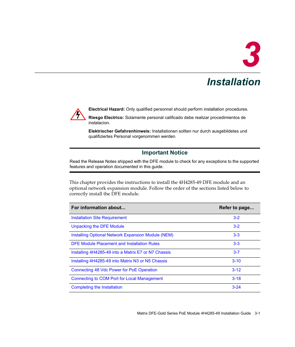 Installation, Chapter 3: installation | Enterasys Networks Enterasys Gold Distributed Forwarding Engine 4H4285-49 User Manual | Page 29 / 90