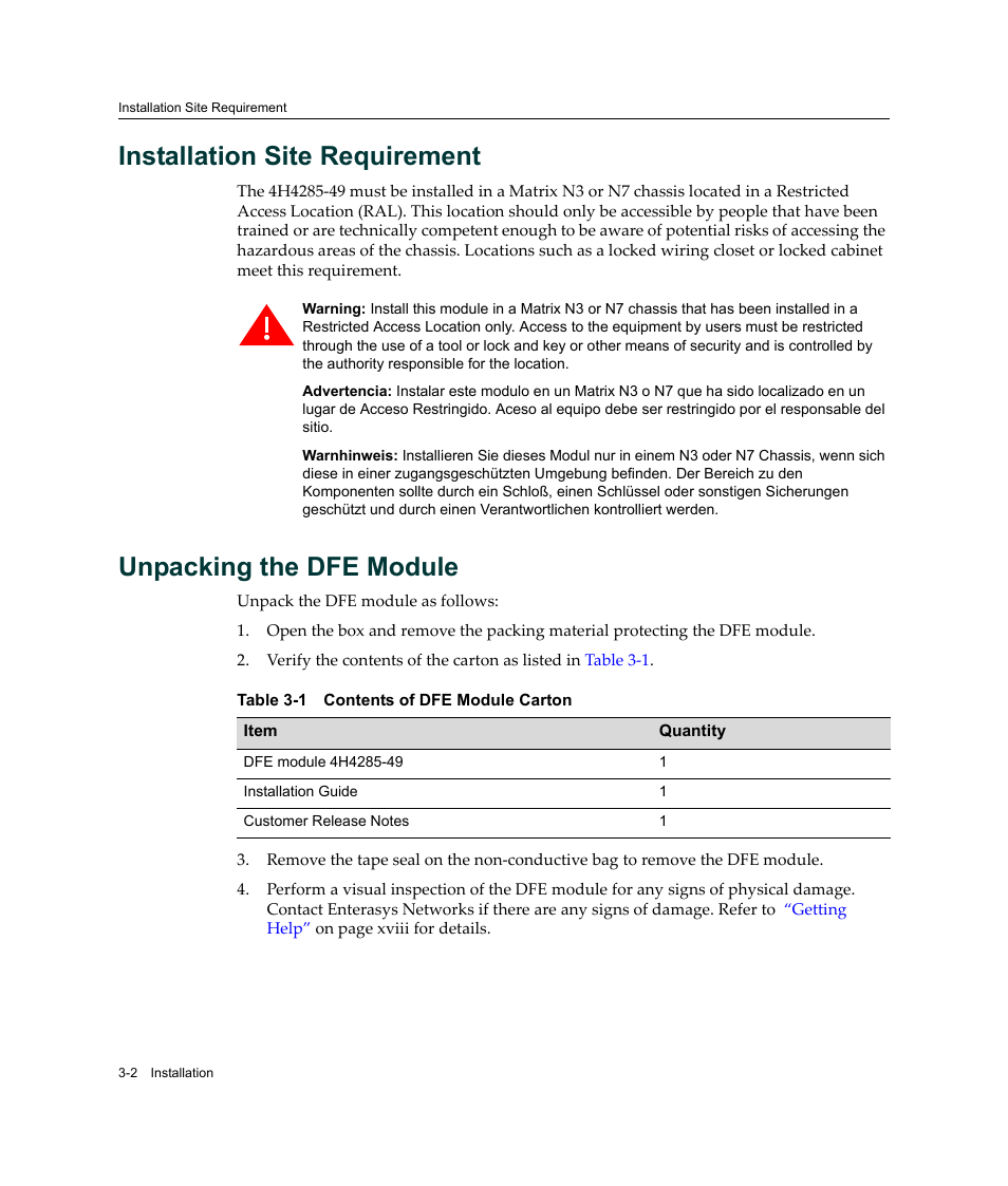 Installation site requirement, Unpacking the dfe module, Contents of dfe module carton -2 | Enterasys Networks Enterasys Gold Distributed Forwarding Engine 4H4285-49 User Manual | Page 30 / 90