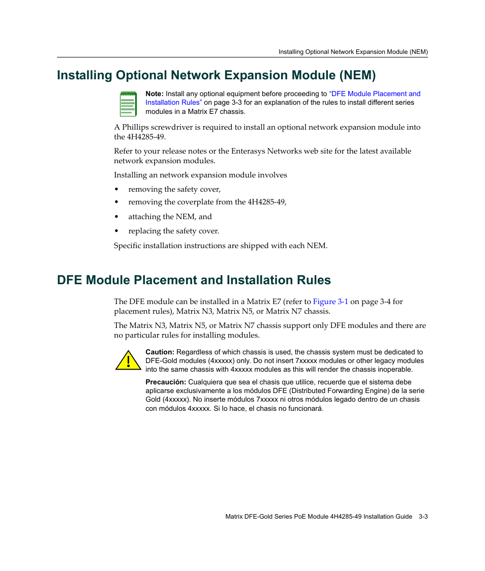 Installing optional network expansion module (nem), Dfe module placement and installation rules | Enterasys Networks Enterasys Gold Distributed Forwarding Engine 4H4285-49 User Manual | Page 31 / 90