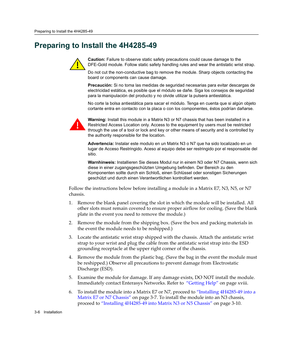 Preparing to install the 4h4285-49, Preparing to install the 4h4285-49 -6 | Enterasys Networks Enterasys Gold Distributed Forwarding Engine 4H4285-49 User Manual | Page 34 / 90