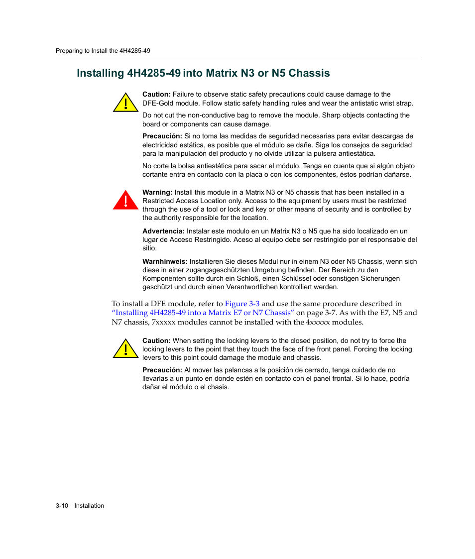 Installing 4h4285-49 into matrix n3 or n5 chassis, Installing 4h4285‐49 into matrix n3 or n5 chassis, Into matrix n3 or n5 chassis | Enterasys Networks Enterasys Gold Distributed Forwarding Engine 4H4285-49 User Manual | Page 38 / 90