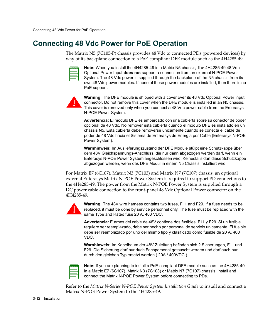 Connecting 48 vdc power for poe operation, Connecting 48 vdc power for poe operation -12 | Enterasys Networks Enterasys Gold Distributed Forwarding Engine 4H4285-49 User Manual | Page 40 / 90