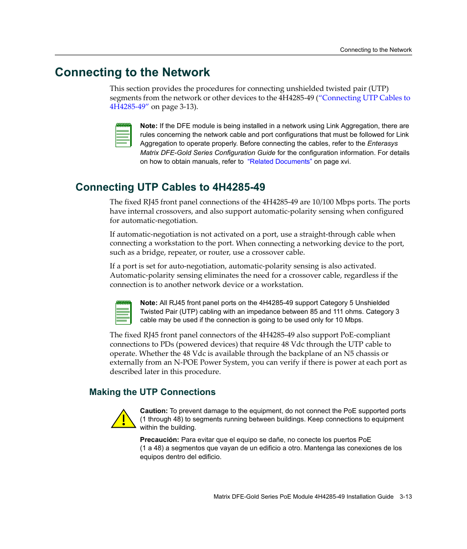 Connecting to the network, Connecting utp cables to 4h4285-49, Connecting to the network -13 | Connecting utp cables to 4h4285-49 -13 | Enterasys Networks Enterasys Gold Distributed Forwarding Engine 4H4285-49 User Manual | Page 41 / 90