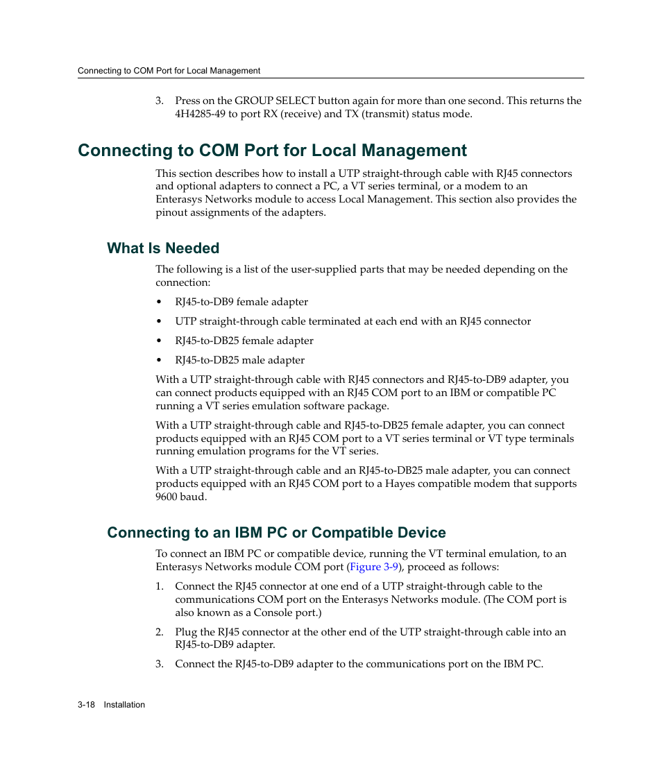 Connecting to com port for local management, What is needed, Connecting to an ibm pc or compatible device | Connecting to com port for local management -18 | Enterasys Networks Enterasys Gold Distributed Forwarding Engine 4H4285-49 User Manual | Page 46 / 90