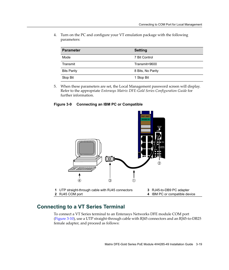 Connecting to a vt series terminal, Connecting to a vt series terminal -19, Connecting an ibm pc or compatible -19 | Бв г а, Figure 3-9 connecting an ibm pc or compatible | Enterasys Networks Enterasys Gold Distributed Forwarding Engine 4H4285-49 User Manual | Page 47 / 90
